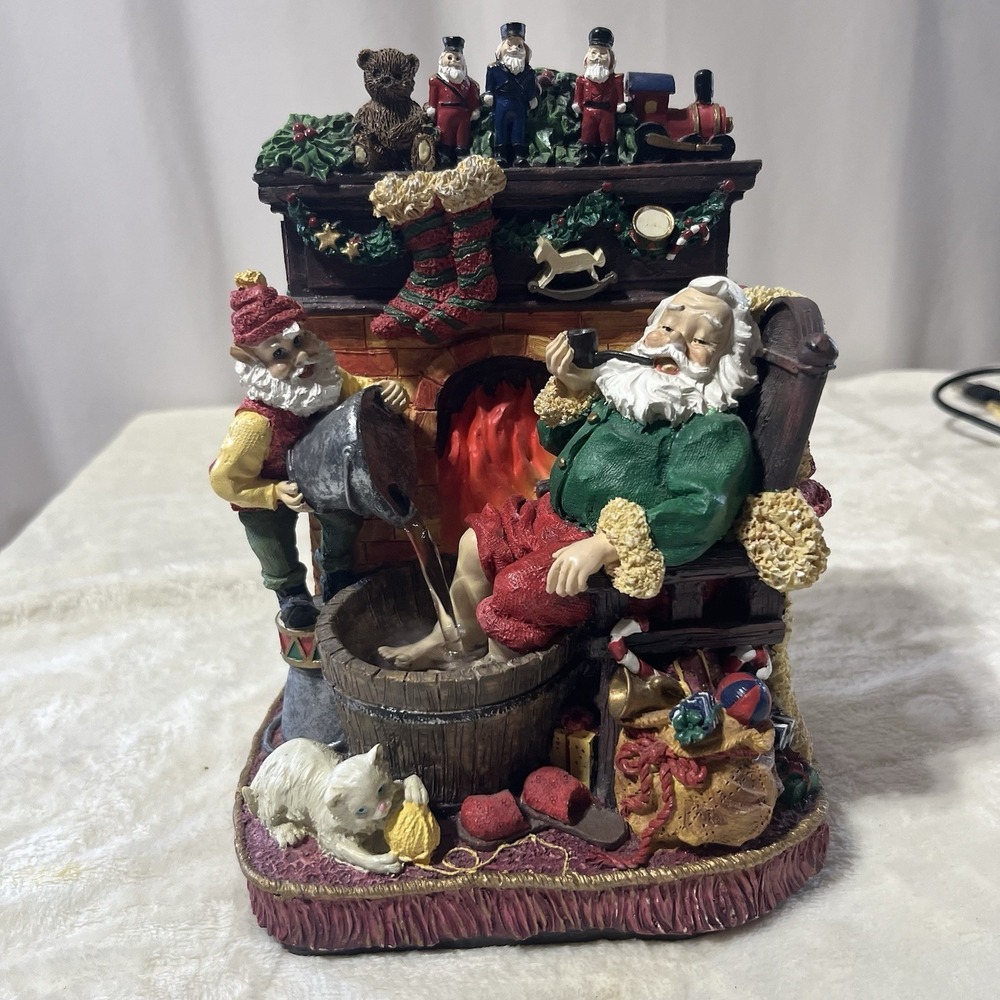 Deck The Halls Handpainted Musical Water Fountain Santa Soaking Feet In Box